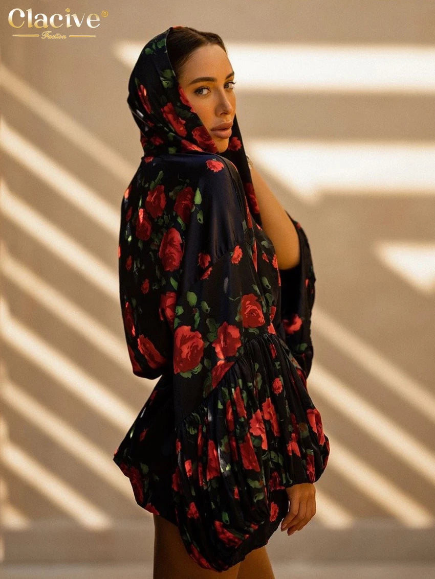 Clacive Fashion Abiti da donna con stampa allentata 2025 Mini abito sexy a maniche lunghe con cappuccio Elegante abito classico con lacci Abbigliamento femminile