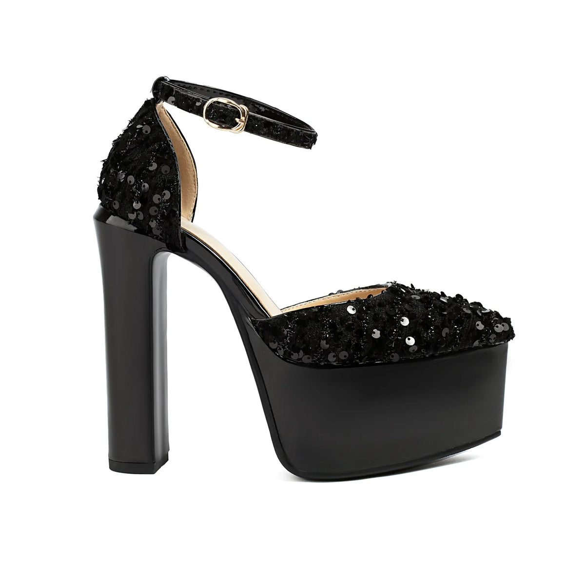 Sandali a punta neri con cinturino alla caviglia sexy per le donne Piattaforma estiva 15CM Scarpe eleganti da festa con paillettes lucide Tacchi alti vuoti laterali neri