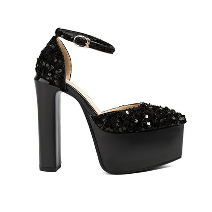 Sandali a punta neri con cinturino alla caviglia sexy per le donne Piattaforma estiva 15CM Scarpe eleganti da festa con paillettes lucide Tacchi alti vuoti laterali neri