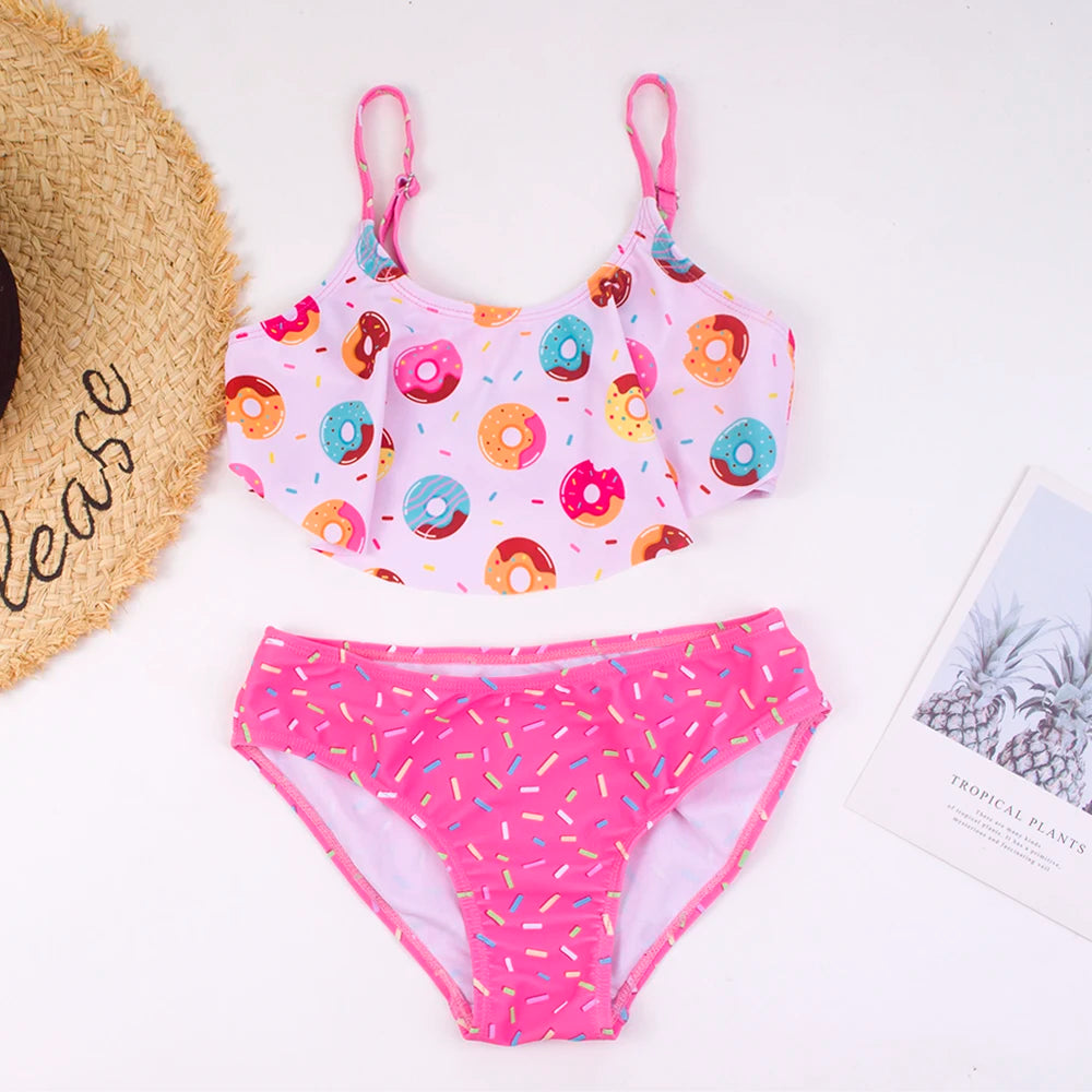 Donut-Print Falbala Mädchen Kinder Badeanzug Outdoor Süße 2-teilige Bademode Elastische Kontrast Mädchen Kinder Bikinis für den Sommerurlaub