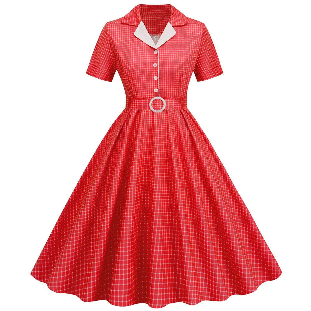 Plaid Vintage Office Lady Abiti estivi Donna 2026 Moda Retro 50s 60s 70s Swing Pinup Rockabilly Party Dress Robe Abiti