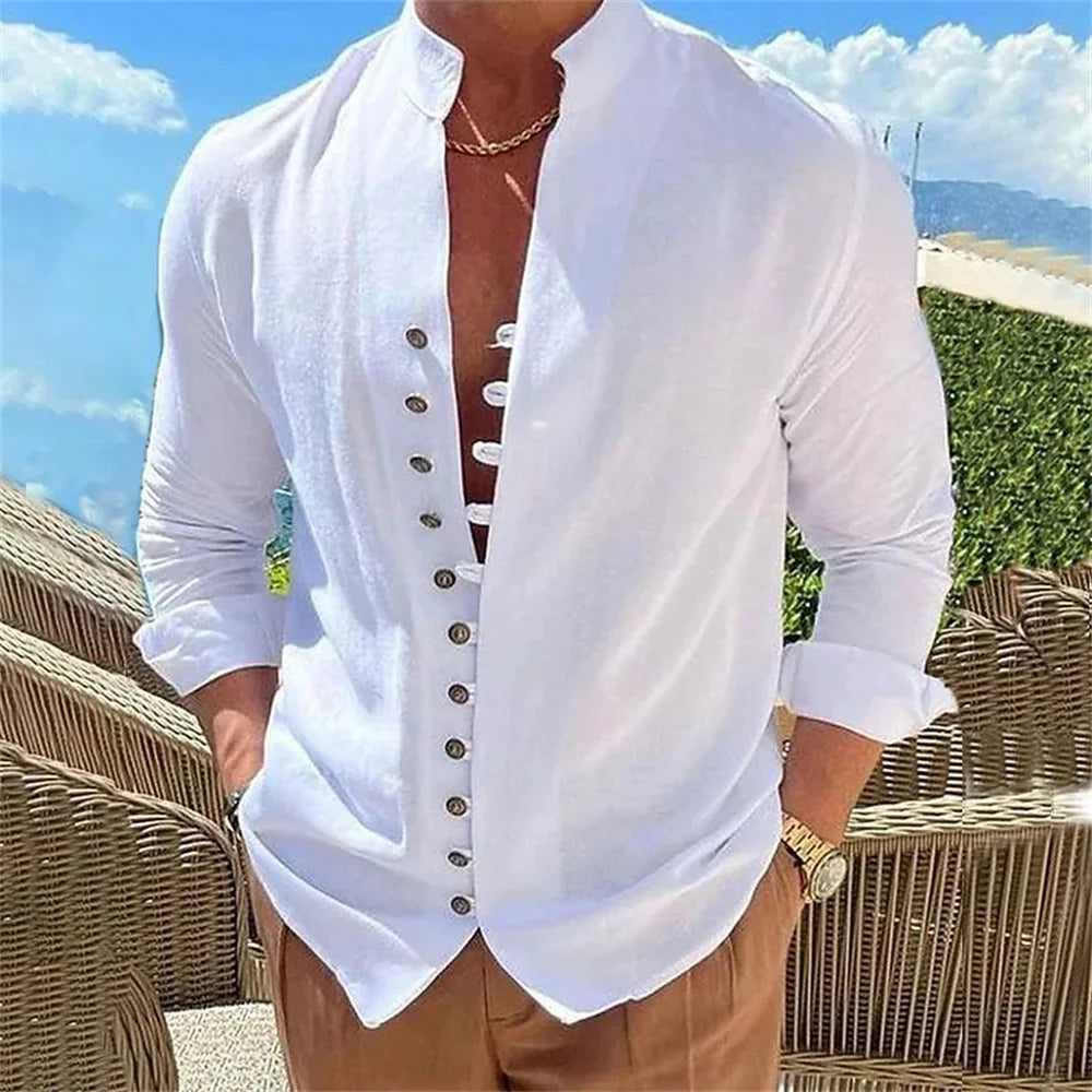 Camicia di lino in cotone primaverile e autunnale da uomo Vendita calda Camicie a maniche lunghe da uomo Tinta unita con bottoni Stile casual Taglie forti