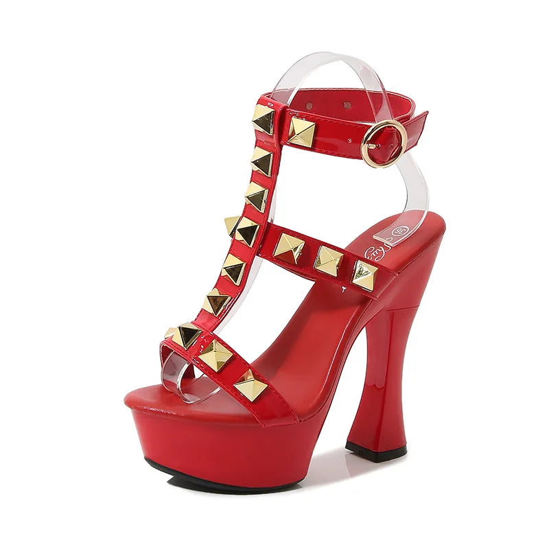 New Rivet Designer High Heels 2025 Fashion Thick Platform Club Women Pumps Sexy Summer Models Sandals White Black Red Woman Shoe