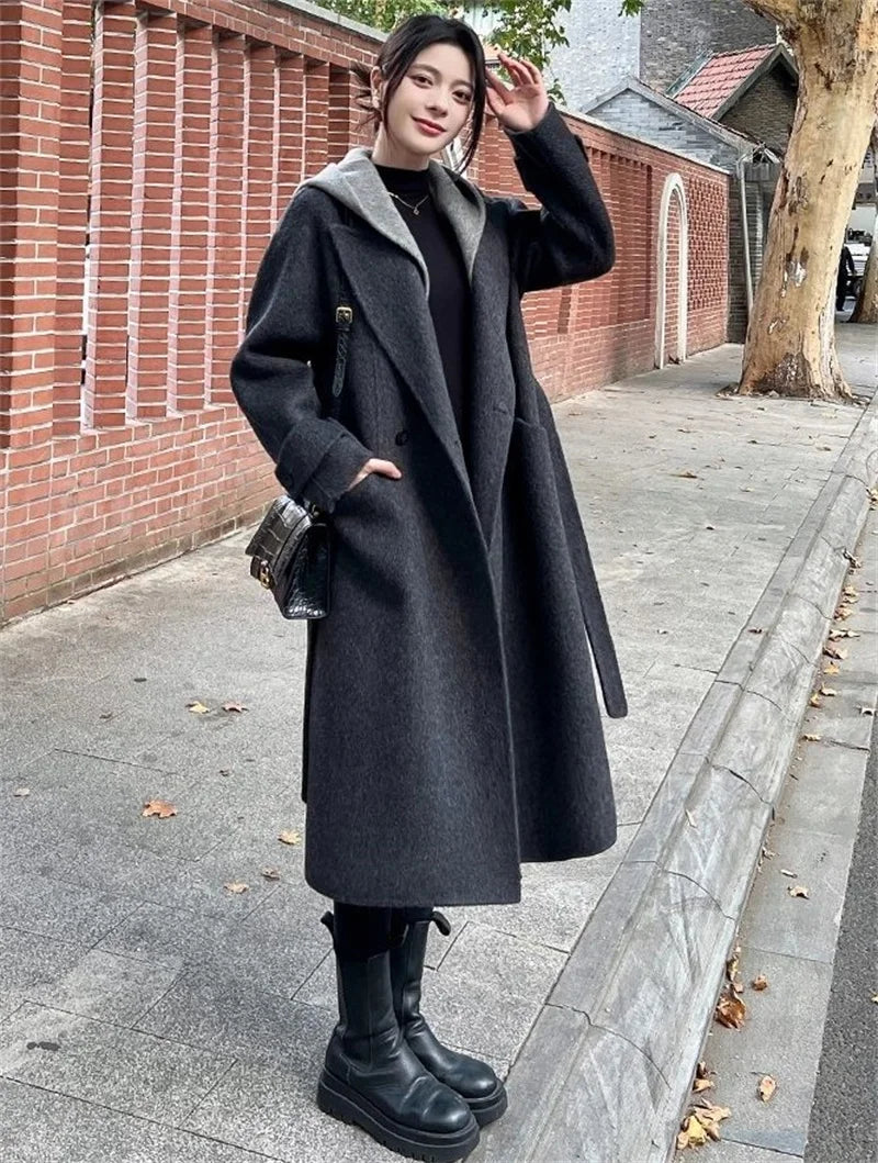 Giacca Invernale da Donna a Maniche Lunghe in Lana, Cappotto Casual di Alta Qualità per l'Autunno, Moda Coreana Femminile, Cappotto in Lana con Cappuccio e Vestibilità Comoda