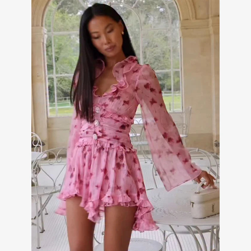 Abito Elegante Floreale da Donna a Trapezio con Pieghe, Mini Abito Sexy a Maniche Lunghe con Volant e Vita Stretta, Abiti da Sera per Vacanze e Street Style 2026