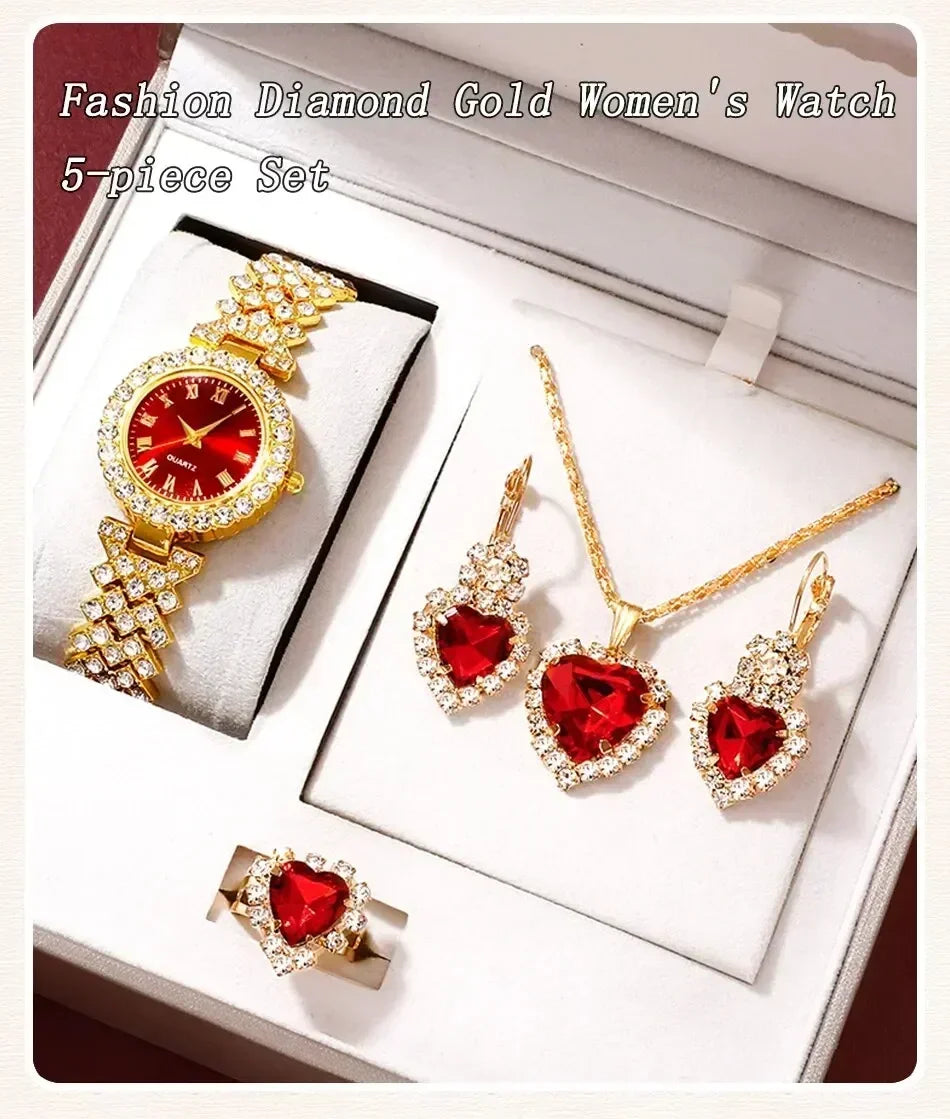 Orologio di lusso dorato da donna anello collana orecchino strass moda orologio da polso Casual da donna bracciale orologi Set di gioielli