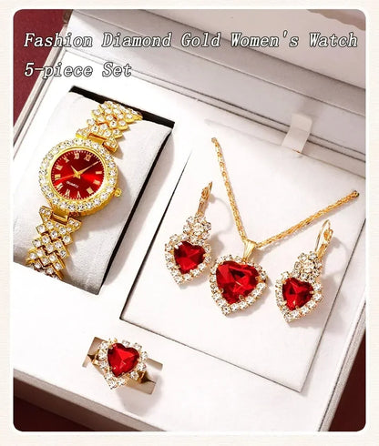 Orologio di lusso dorato da donna anello collana orecchino strass moda orologio da polso Casual da donna bracciale orologi Set di gioielli