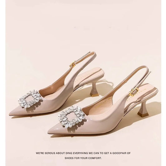 Sandales d'été pour femmes Nouvelles chaussures pour femmes à bout pointu Chaussures plates à diamants rose nude Talons bas Chaussures à bride arrière Chaussures habillées pour femmes