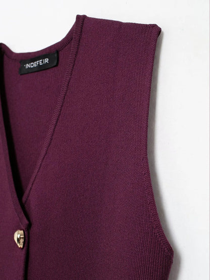 HH Set di gonne lavorate a maglia eleganti femminili 2024 Scollo a V con bottoni Canottiera + Gonna a pieghe patchwork a-line Abito solido alla moda