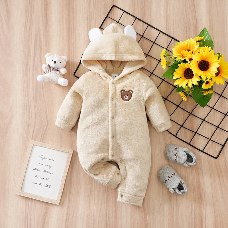 Pagliaccetto per neonato Flanella invernale Orso beige Orecchie con cappuccio Manica lunga Pigiama per bambino unisex 0-18 mesi Abiti comfort