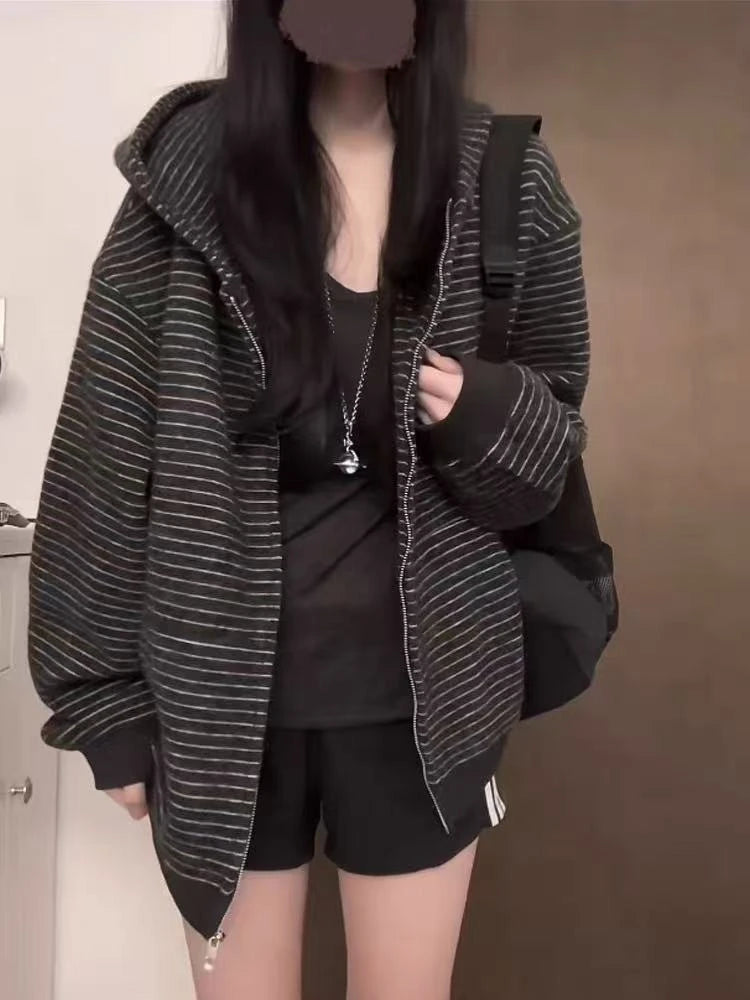 Felpa con cappuccio a maniche lunghe allentata a righe vintage americane anni 2000 Y2k Sottocultura Casual Cardigan con cappuccio con zip Cappotti Harajuku
