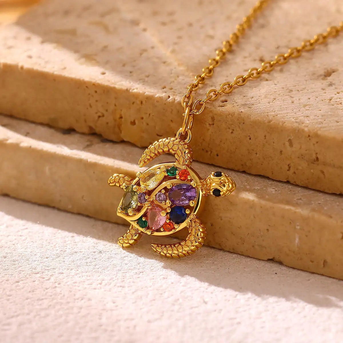 Bohemian Beach Ocean Summer Jewelry Charms Stainless Steel Gold Color Colored Zircon Turtle Pendant Necklace for Women Gifts