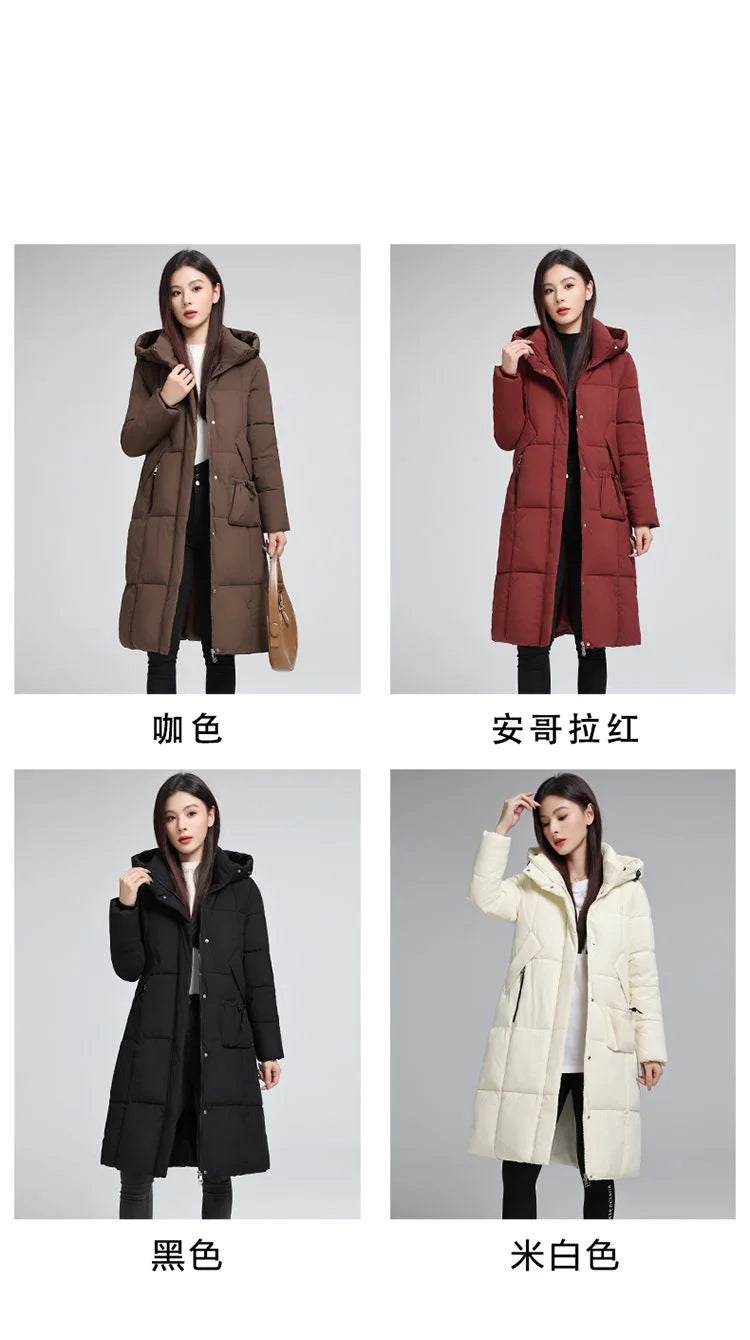 Caldo piumino in cotone da donna Inverno 2025 Nuova versione coreana Cappotto lungo con cappuccio allentato Cappotto Parka spesso antivento femminile