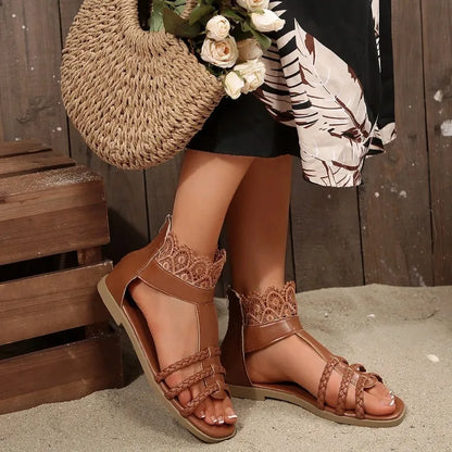 2025Nouveaux sandales d'été Sac tressé à tête carrée avec fermeture éclair arrière Semelle souple Chaussures plates antidérapantes résistantes à l'usure Chaussures pour femmes