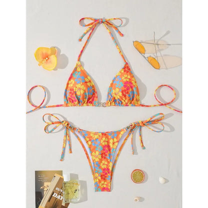 Ensemble bikini deux pièces sexy imprimé léopard Soutien-gorge triangle Bretelles dos nu Ensemble de maillots de bain à lacets pour les vacances à la plage