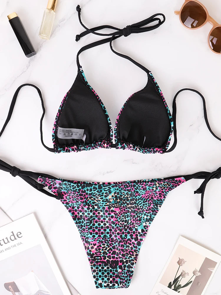 Zweiteiliges Damen-Bikini-Set mit Schlitz, sommerlich, mit Trägern und Schnürung, farbenfroher Tupfen-Print, Damen-Bikini, Strandurlaub-Badeanzug
