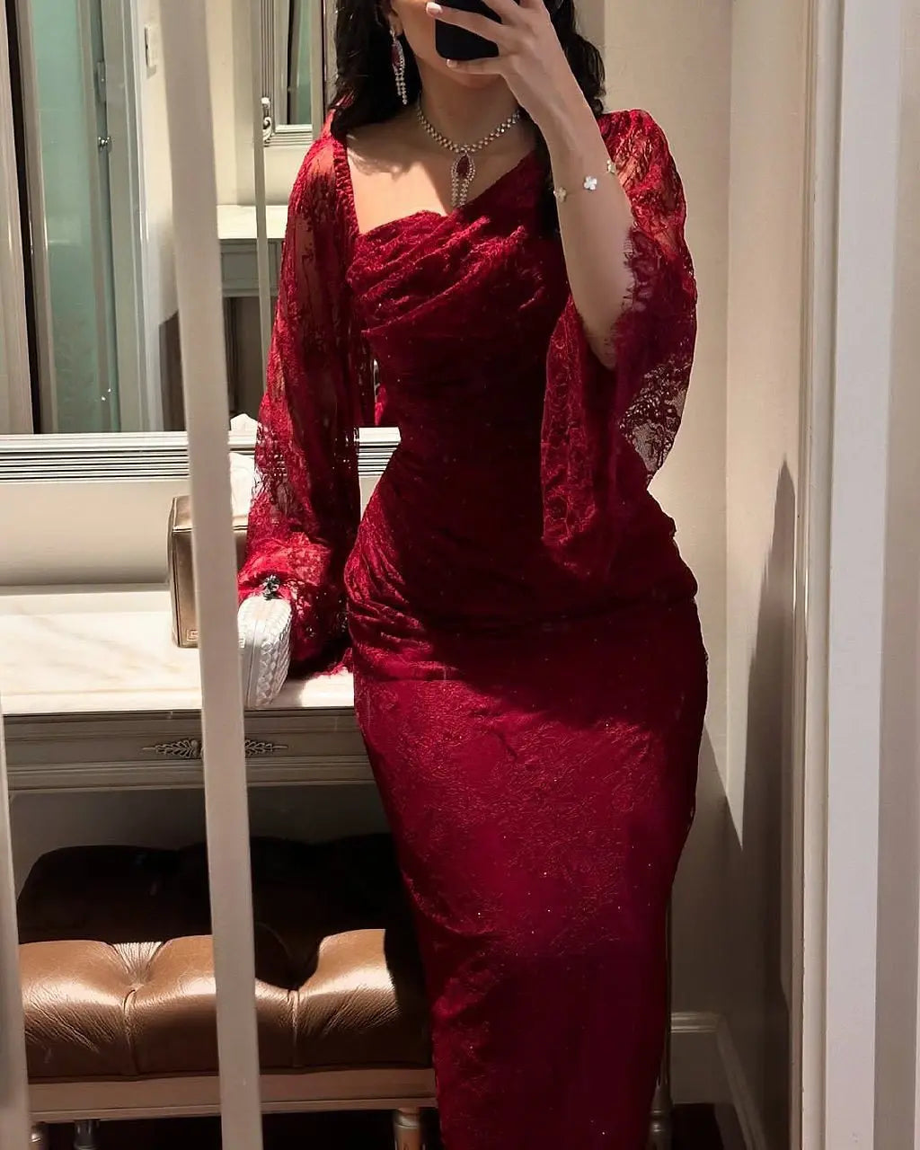 Abito da cerimonia da donna rosso vino tinta unita elegante casual alla moda sottile in pizzo alla caviglia primavera americana europea nuova moda
