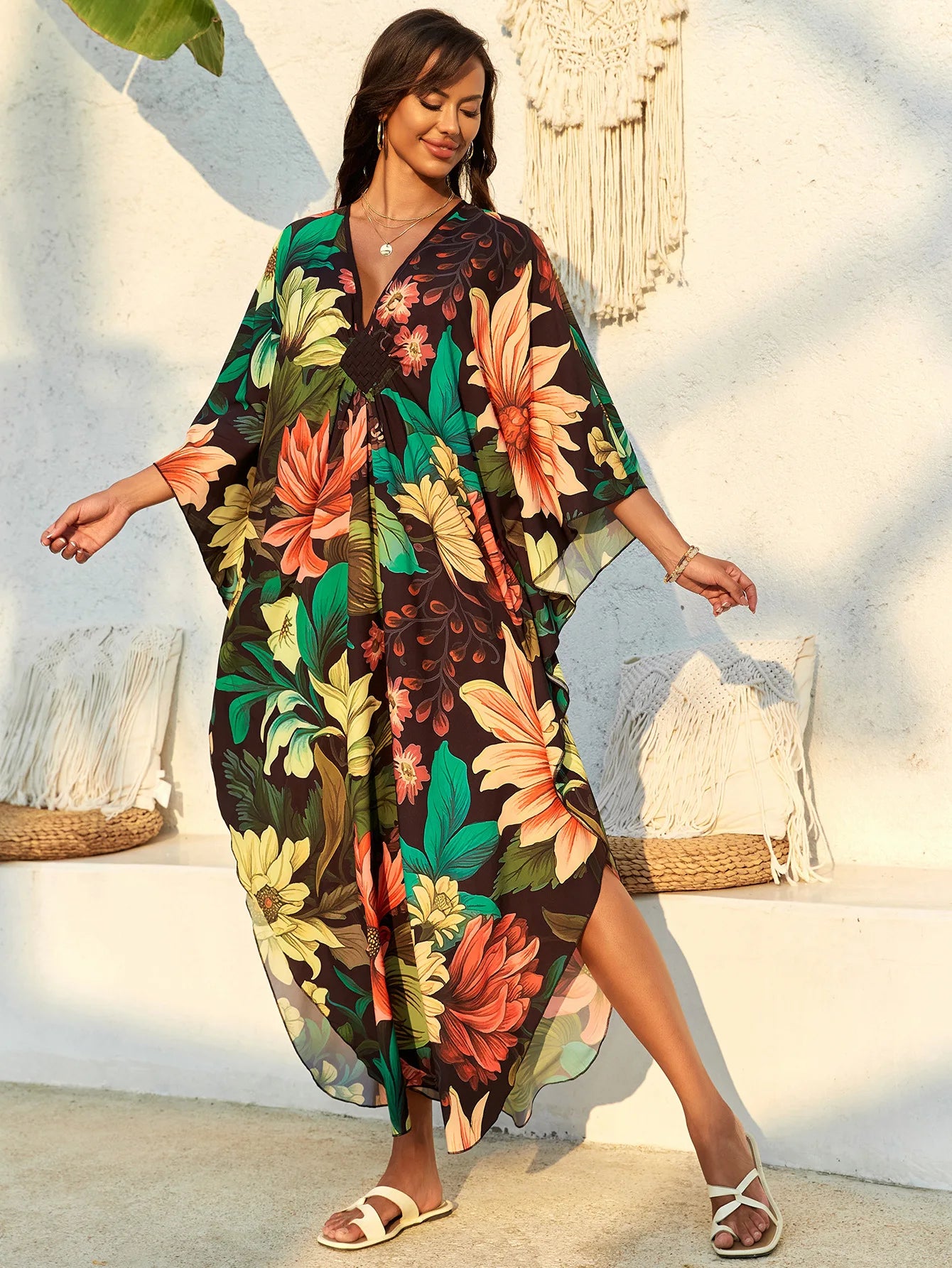 Abiti caftano da donna con stampa floreale taglie forti Costume da bagno taglie forti Copricostume estivo Abito da spiaggia caftano loungewear