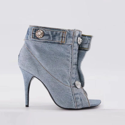 Summer Sandals Stiletto Heel Ladies Shoes Peep Toe Pumps Woman Brand Design Pumps Classic Blue Denim Boots Plus Size 43