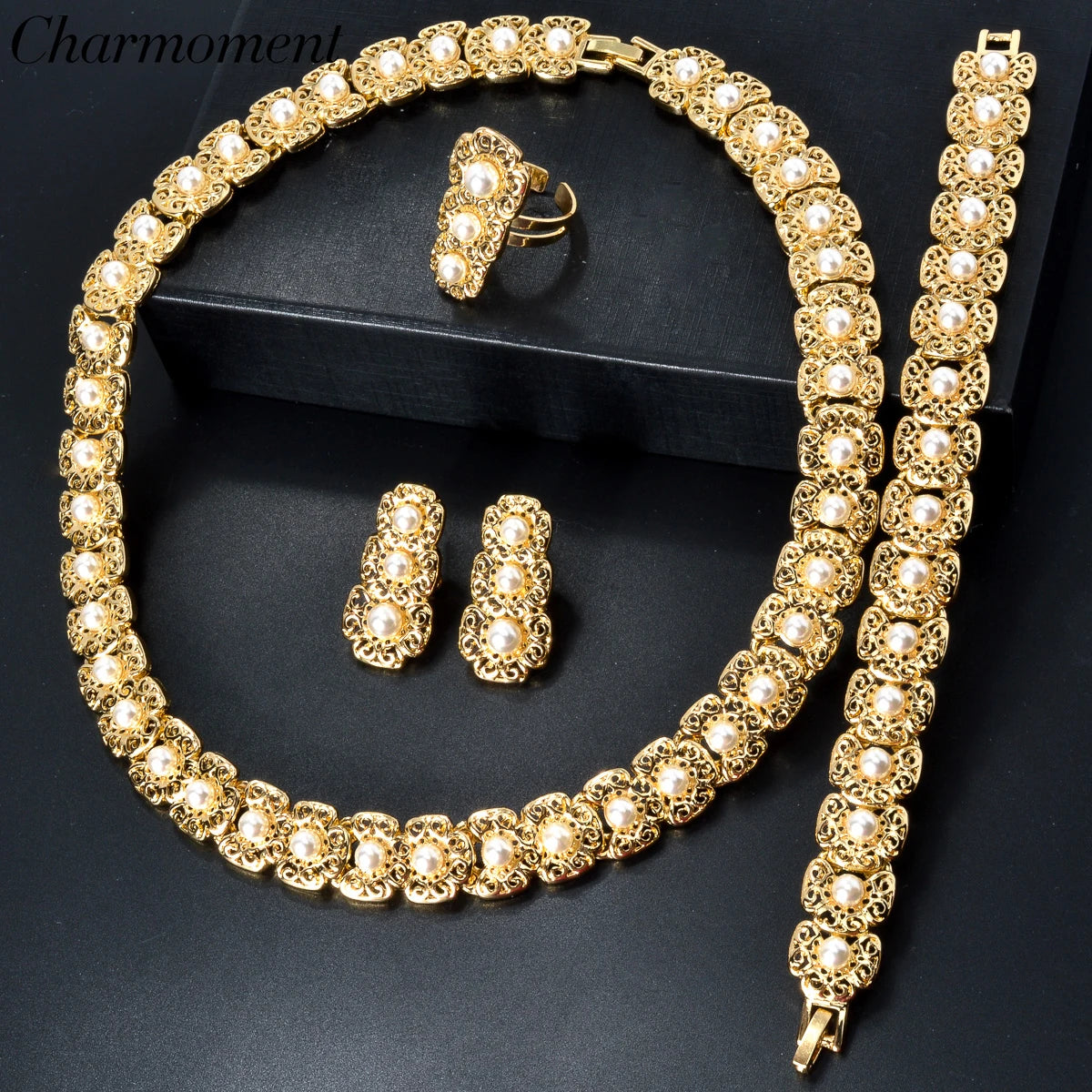 Dubai Luxury Quality Jewelry Set For Women Trend Pearl Necklace Bracelet Ring Earrings Jewelry Set 18k Gold Plated Jewelry