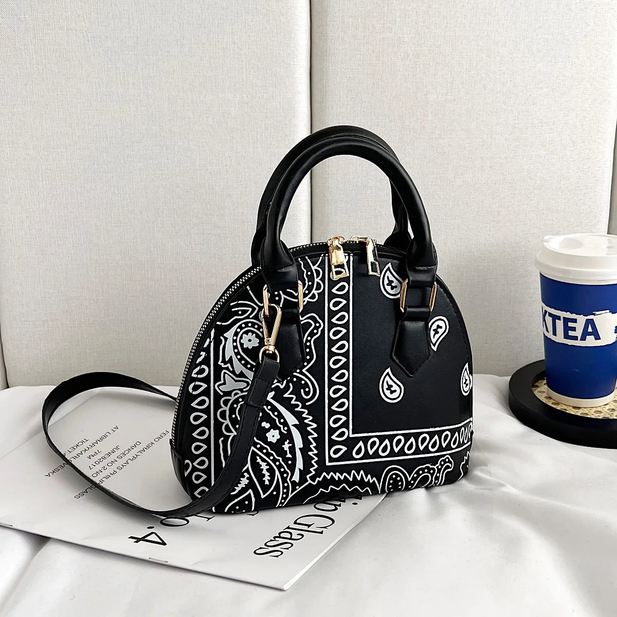Borsa a conchiglia da donna in pelle PU retrò borsa a tracolla da donna con tracolla a fiori di anacardi estivi Set femminile borse a mano con manico piccolo