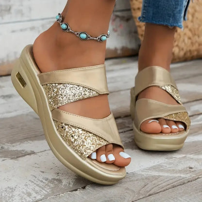 Pantofole con zeppa da donna piattaforma glitterata sandali comodi pantofole Casual con Sling Backs nuove scarpe estive per le donne diapositive da donna