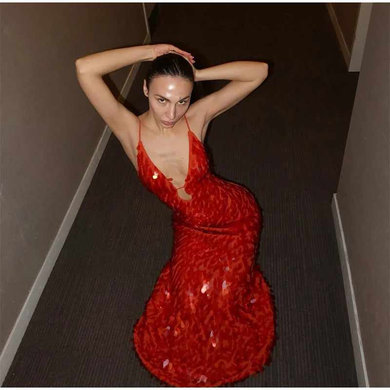 Abito lungo da donna con paillettes Abito lungo con scollo a V Solido Backless Vita alta Abiti senza maniche 2025 Moda Nuova estate Lady Party Robes