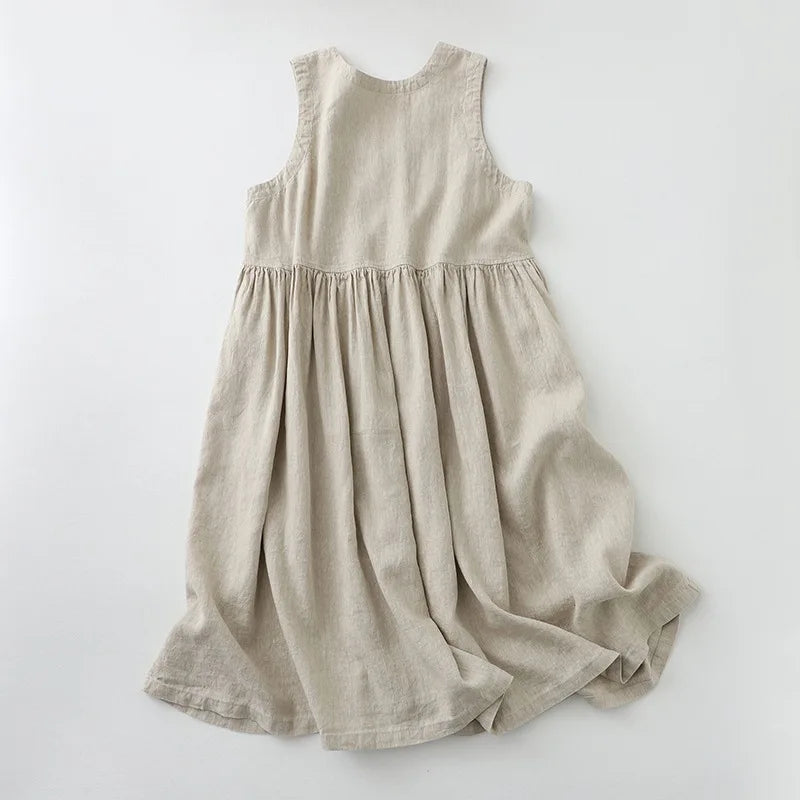 Nuovo Abito Estivo da Donna 2026 in Cotone e Lino, Senza Maniche, Casual, con Scollo a V e Bottoni, Vestito Midi Comodo