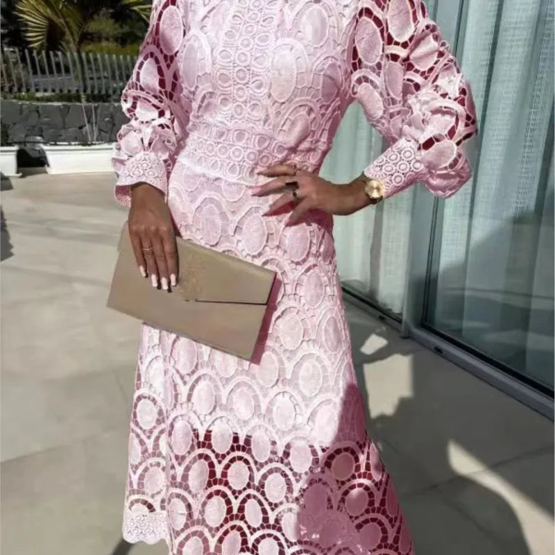 Abito lungo con maniche a sbuffo in pizzo da donna 2025 Primavera elegante nuovi abiti slim a vita alta con colletto alla coreana alla moda
