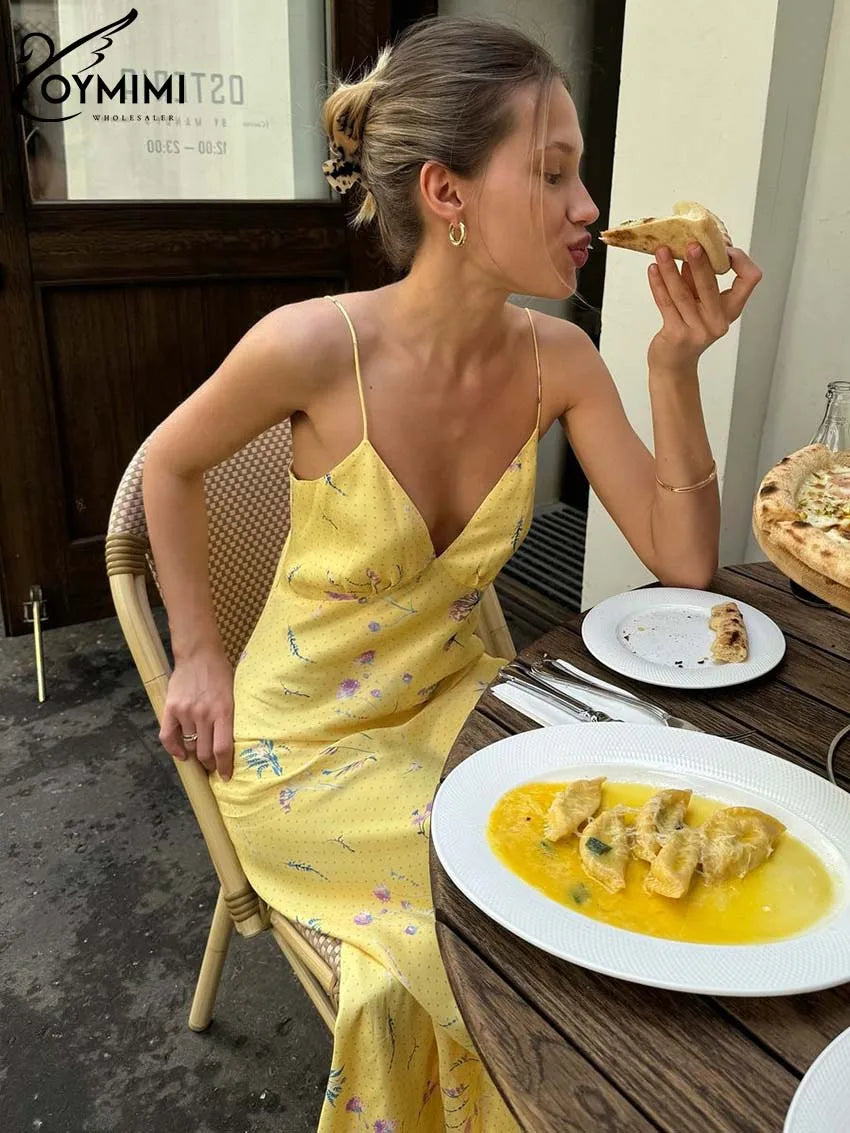 Oymimi Abito da donna casual con stampa gialla Elegante cinturino per spaghetti Abiti aperti sul retro Abito alla caviglia a vita alta moda autunnale
