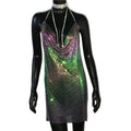 AKYZO Mini abito patchwork con paillettes dorate sexy Donna senza maniche Taglio basso Catene di metallo Halter Slim Abiti da festa da discoteca affascinanti