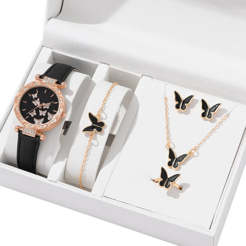 Set di gioielli a farfalla (senza scatola) orologi da donna anelli per orologi in pelle da donna collana orecchini bracciale regalo di nozze
