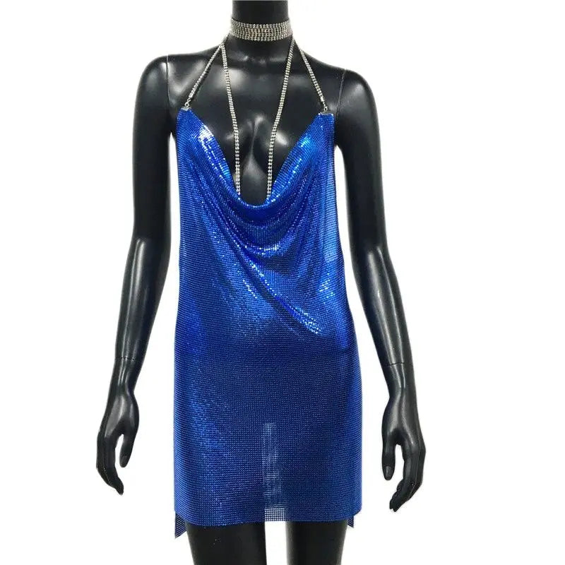 AKYZO Mini abito patchwork con paillettes dorate sexy Donna senza maniche Taglio basso Catene di metallo Halter Slim Abiti da festa da discoteca affascinanti