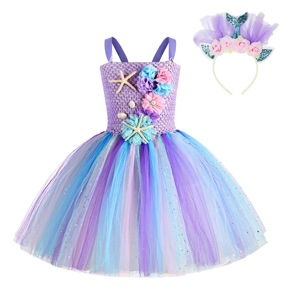 Abito tutù a sirena per ragazze sotto il mare Costumi di carnevale per feste di compleanno a tema con fascia per fiori Abiti per Halloween oceano 1-12 anni