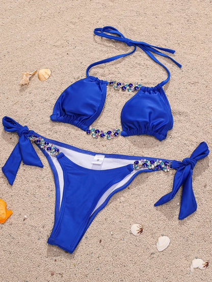 Bikini Leopardato con Strass 2026, Costume da Bagno Donna Scavato, Perizoma Femminile, Set Bikini con Diamanti, Halter
