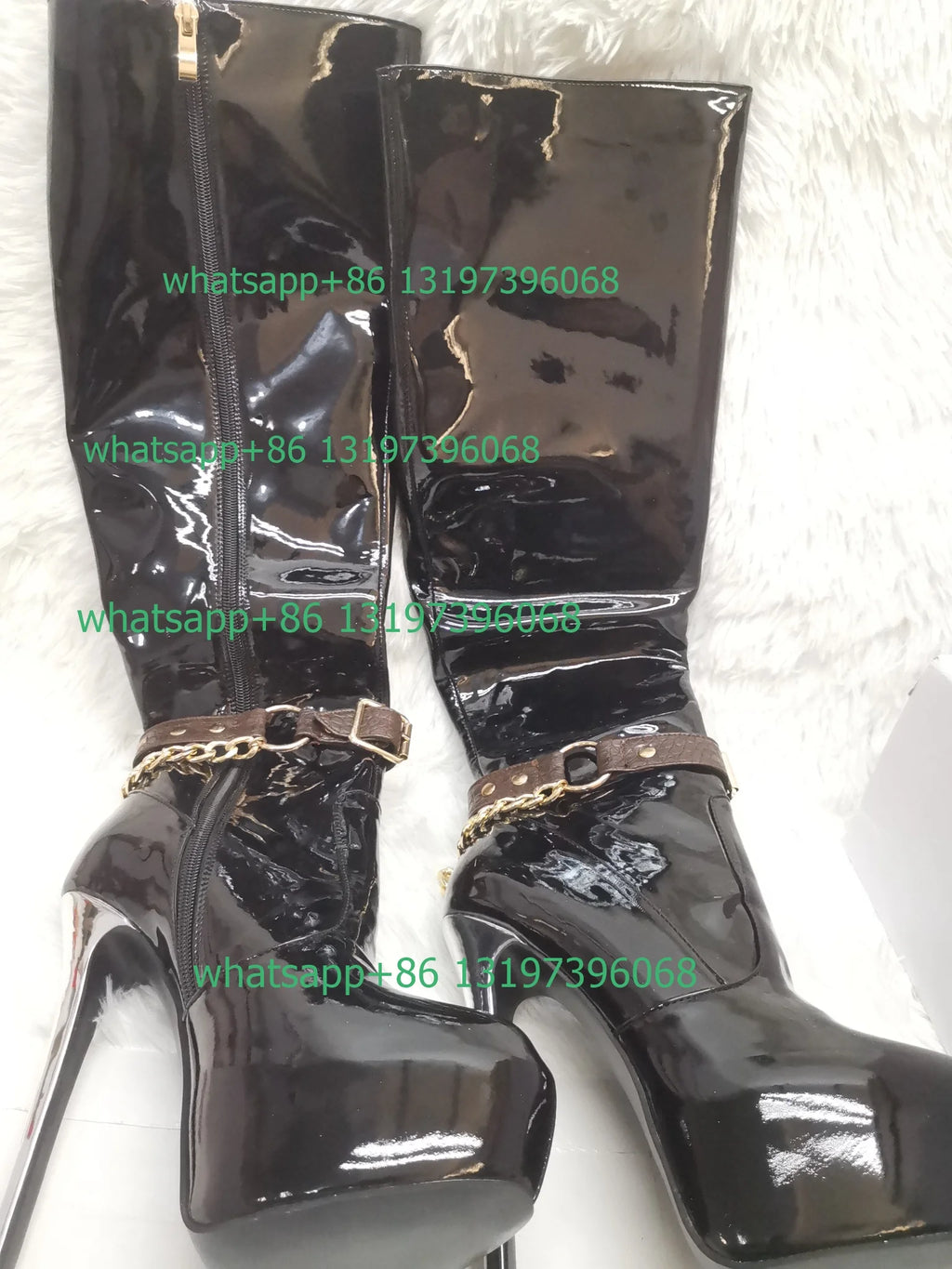 Lady dance party sexy platform knee boots stiletto heel chain metal design boots mirror patent PU black boots footwear szie 46