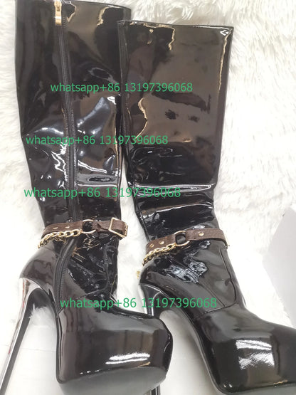 Lady dance party sexy platform knee boots stiletto heel chain metal design boots mirror patent PU black boots footwear szie 46