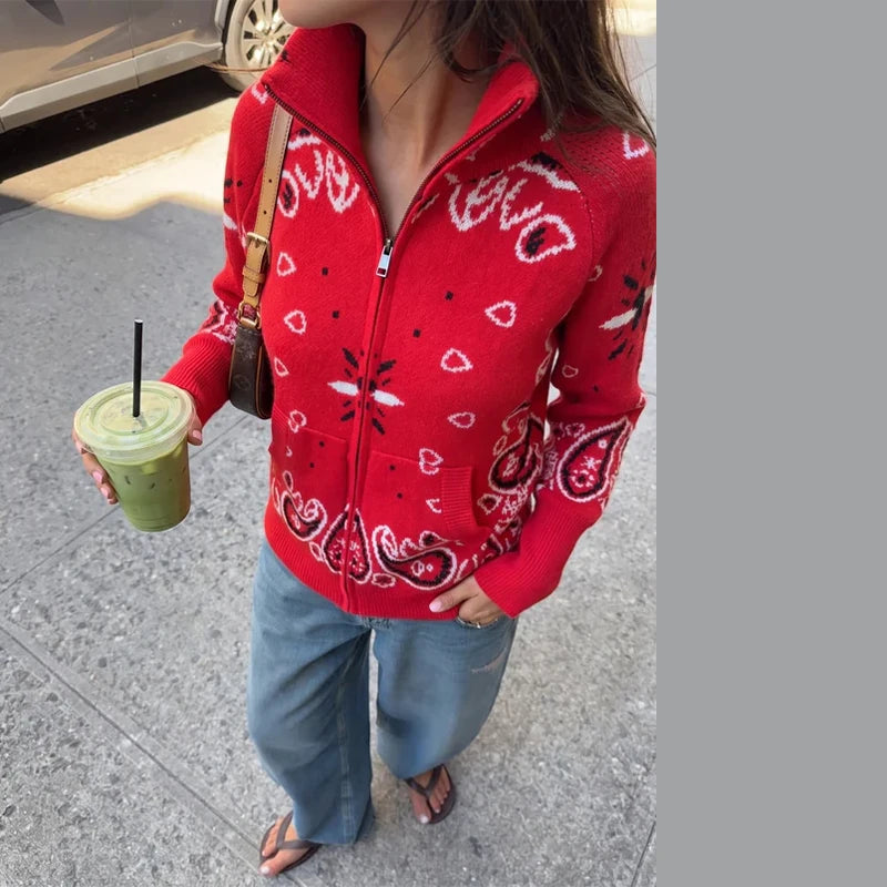 Street Knit Jacquard Colletto alla coreana Cardigan Cerniera Manica intera Maglione grigio femminile 2026 Primavera Lady Fashion Maglieria accogliente Nuovo