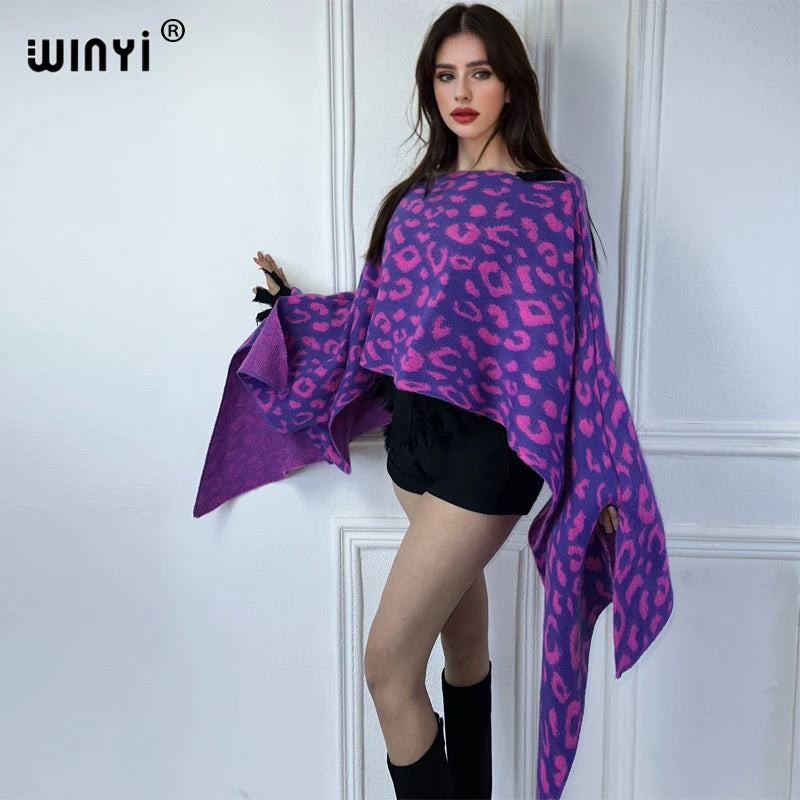 WINYI inverno Abito caldo bohemien abbigliamento donna mantello Abito da vacanza Poncho invernale elegante per donna Mantello irregolare con stampa leopardata