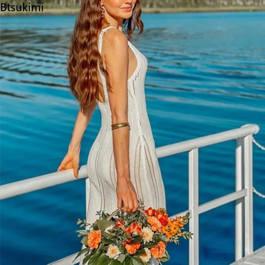 Nouvelle robe longue d'été tricotée pour femme, sexy, évidée, sans manches, ajustée, élégante, dos nu, cache-bikini