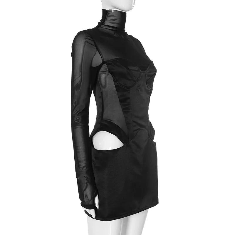 DSMTRC Donna Moda Collo alto Abito Maglia Manica lunga Mini abito Party Evening Club Abiti Sexy Cut-Out Corsetto Abiti aderenti