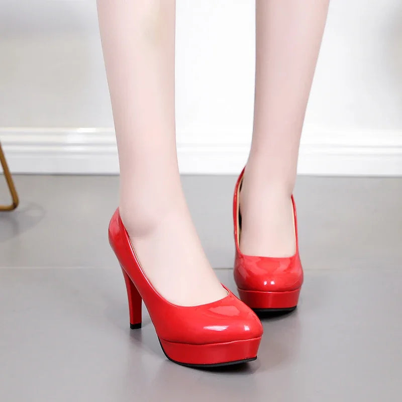 Sexy high heels large size women's spring and summer patent leather fashion round toe stiletto wedding shoes women's shoes