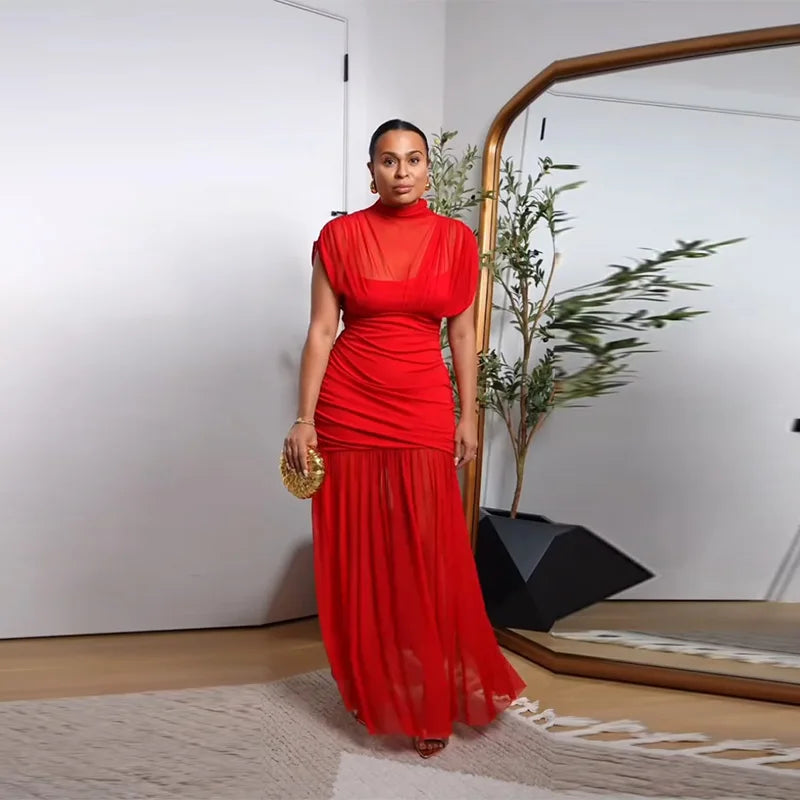 Maglia sexy vedere attraverso lungo abito rosso senza maniche piega patchwork a-line maxi abiti da festa femminile 2025 estate signora abiti slim