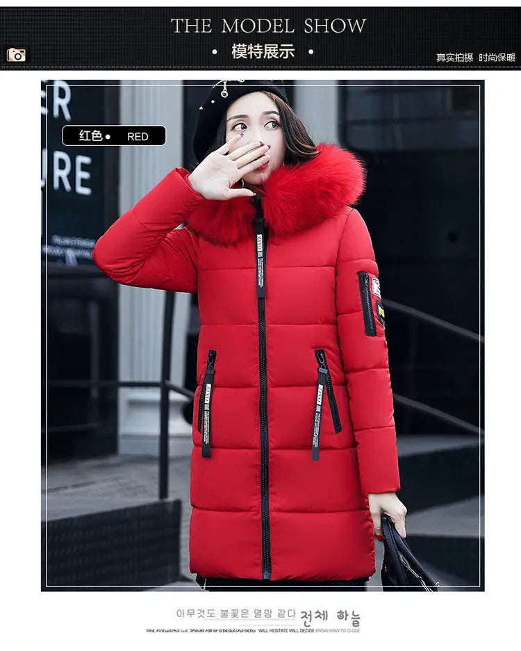 Parka Invernale da Donna con Cappuccio e Collo in Pelliccia, Giacca Lunga Elegante con Zip e Patch con Lettere, Calda e Spessa, Capospalla Femminile per la Neve