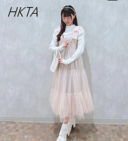 Abiti da donna di nicchia in stile giapponese Primavera Estate Autunno Ragazza Dolce fiocco Abito in rete Lolita Abito lungo con bretelle da fata carina