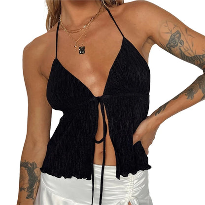 Haut court sexy d'été avec nœud papillon et lacets, sans manches, gilet court élégant pour jeunes femmes, mode épaules dénudées 2024 Nouveauté