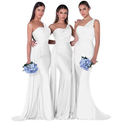 Abiti da damigella d'onore eleganti a sirena monospalla senza maniche in raso abito da cerimonia nuziale abiti para bodas con strascico personalizzato