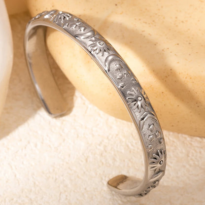 Bracciale rigido classico in acciaio inossidabile con stella lunare e sole, eleganti braccialetti aperti in metallo per le donne, regalo per feste