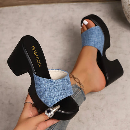 Sandali da donna estivi Sandali con plateau spessi open-toe Infradito da esterno Tacco grosso Moda minimalista Tacchi alti Scarpe da donna