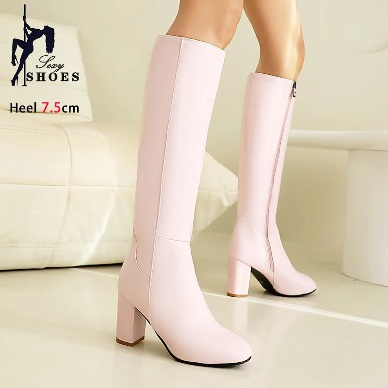 Black Long Boots Women's Fashionable Thick Heels Side Zipper Ladies Shoes Soft PU Leather Knee High Boots Plus Size 43 44 45 46